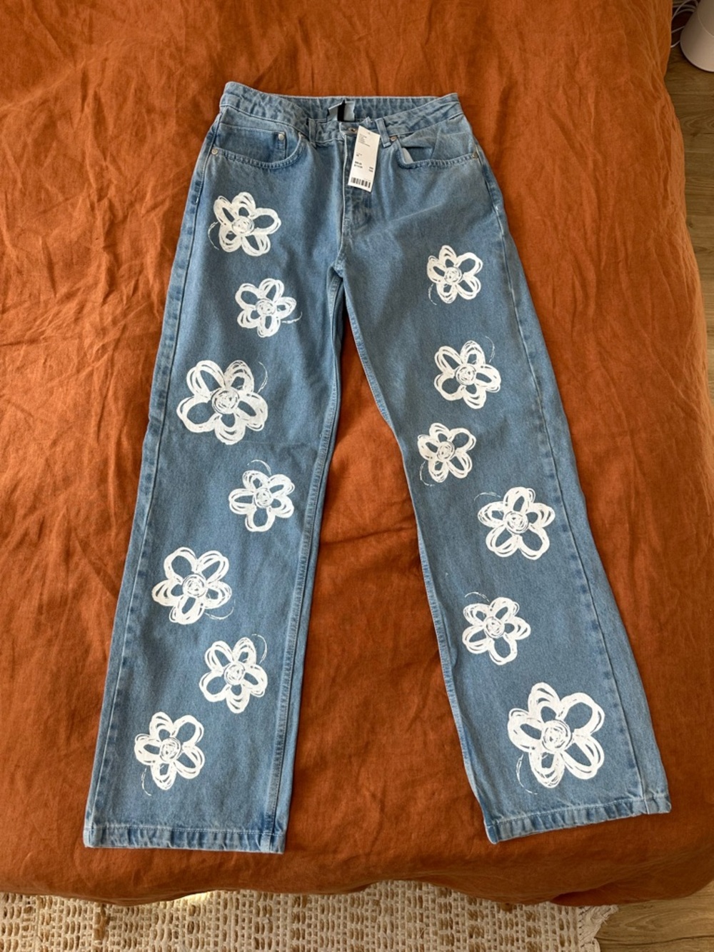 Urban Outfitters Blue Wide-Leg Jeans with White Floral Print